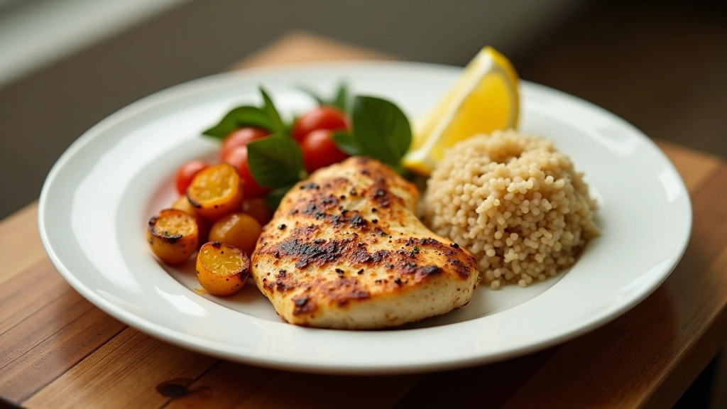 Plate with balanced meal including protein, vegetables, and whole grains