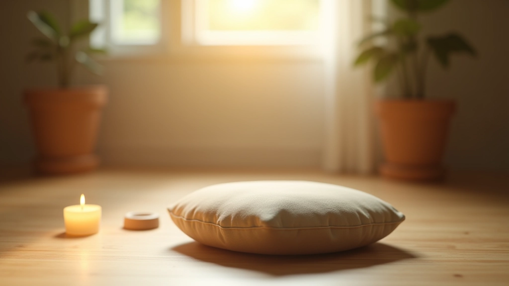 Serene meditation space with cushion, candle, and natural morning light streaming through window in minimalist room