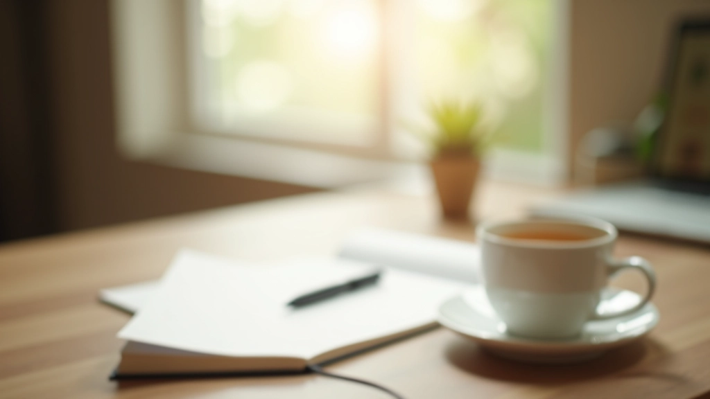 Calm workspace with journal, tea cup, and natural light creating peaceful environment