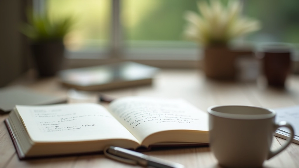 Notebook with handwritten notes, pen, and warm cup of tea on wooden desk in daylight