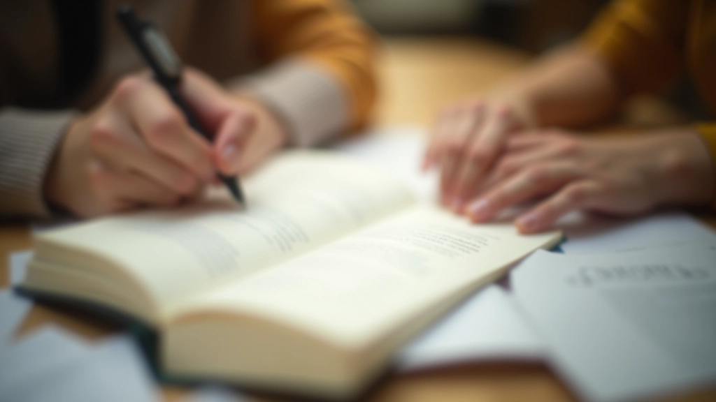 Close-up of handwritten journal pages with pen, loose papers scattered, expressive writing style, natural lighting