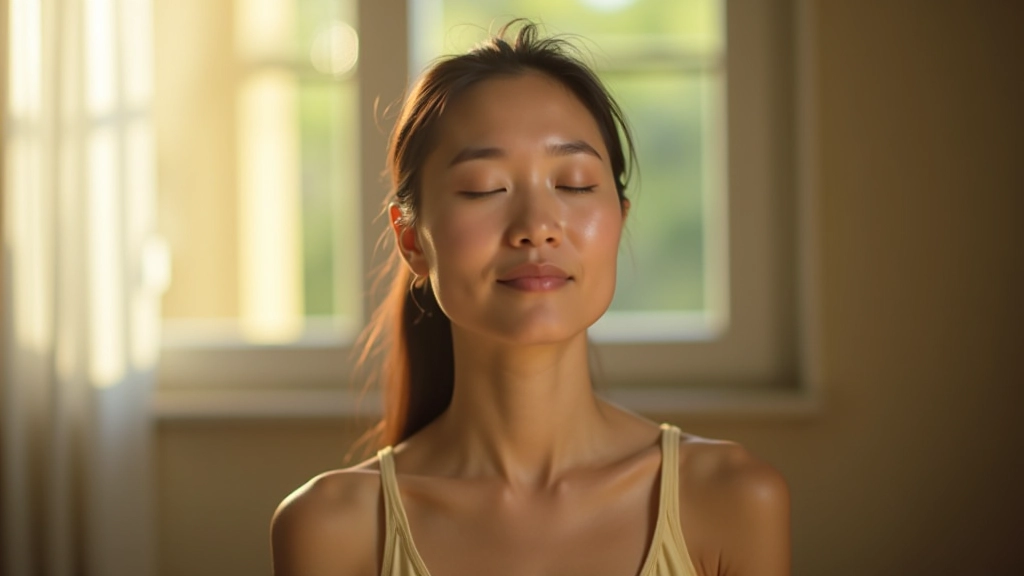 Person meditating peacefully in morning light with calm satisfied expression after completing meditation