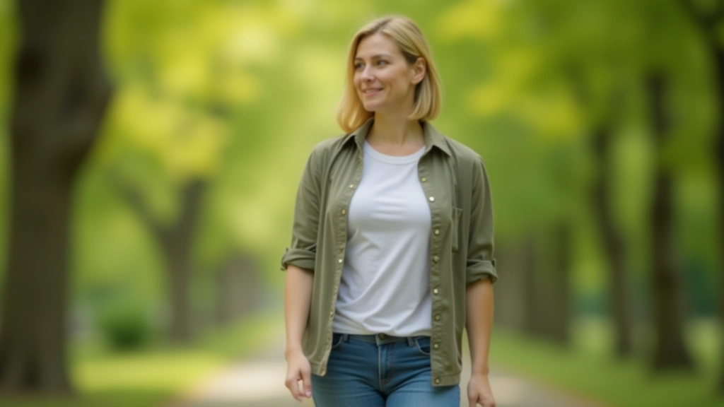 Person walking outdoors in natural setting with trees and sunlight, showing relaxed posture and peaceful expression