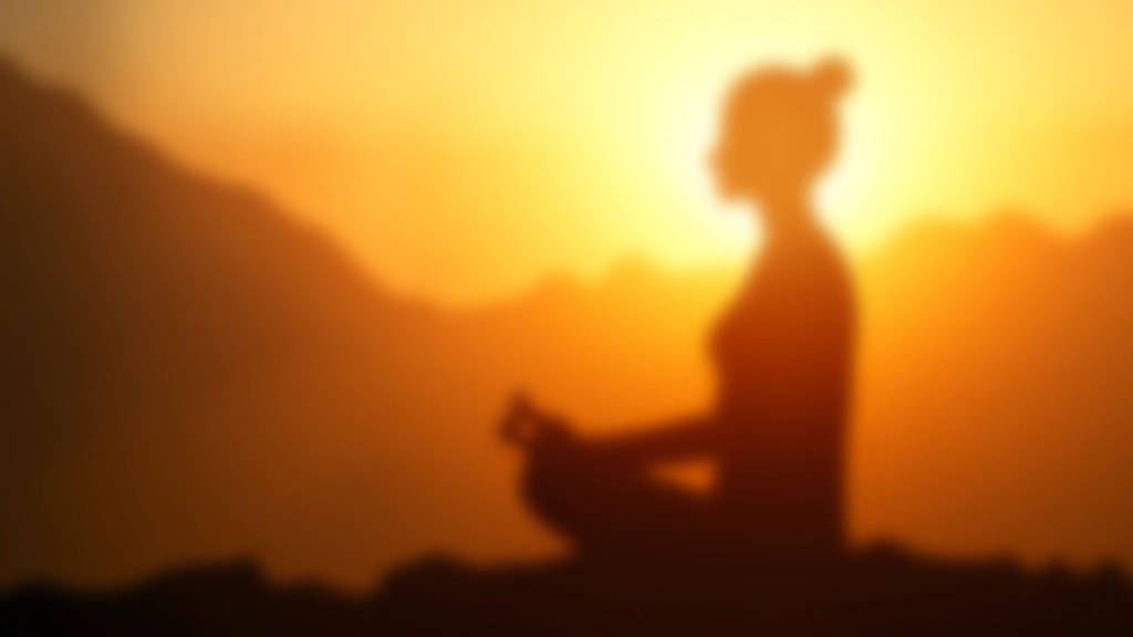 Morning sunrise scene with person silhouette in meditation pose overlooking peaceful landscape