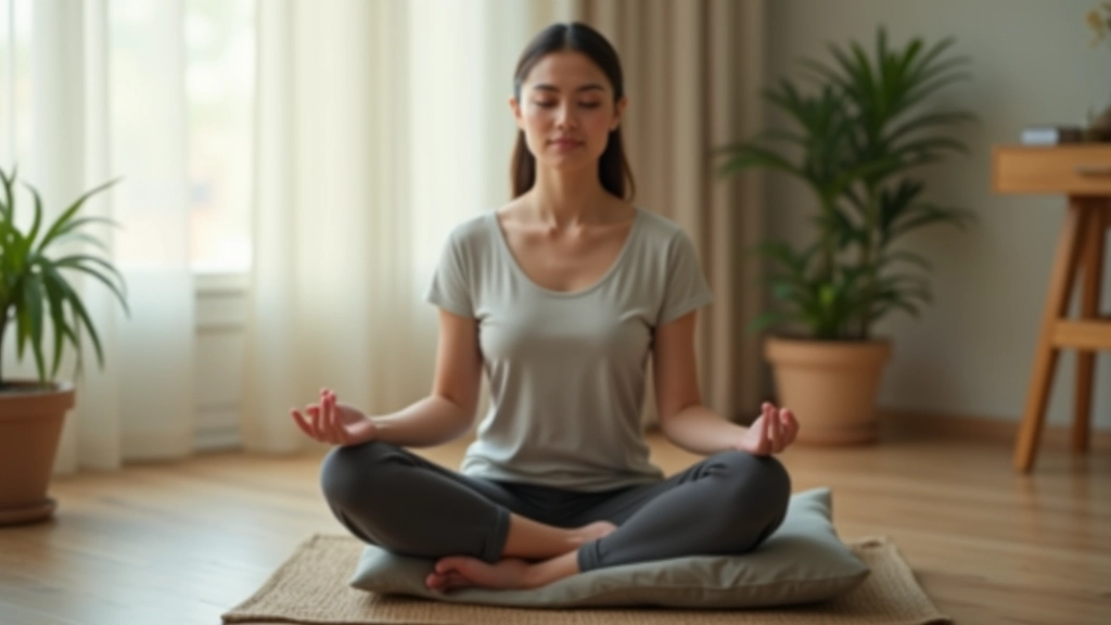 Person sitting on meditation cushion in proper posture with calm focused expression in peaceful indoor environment