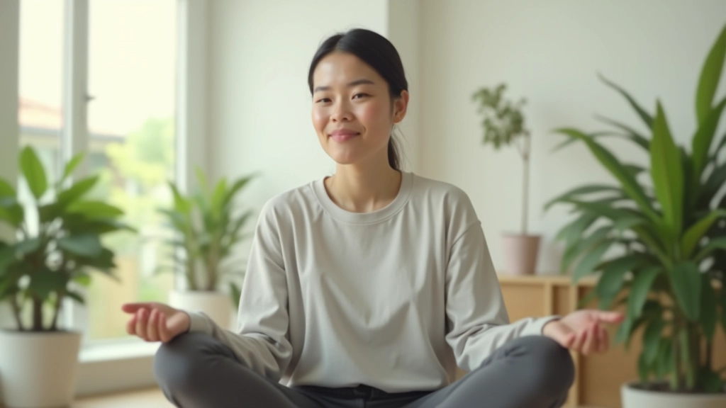 Woman in comfortable clothing sitting peacefully in a bright room with natural window light and plants
