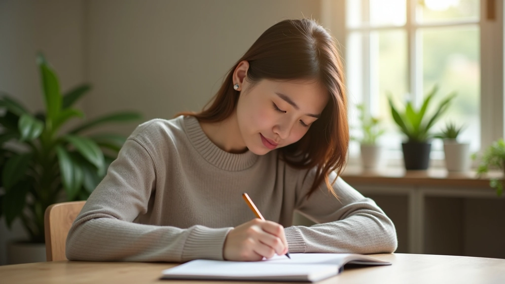 Person sitting at desk with journal, natural sunlight streaming through window, calm peaceful workspace