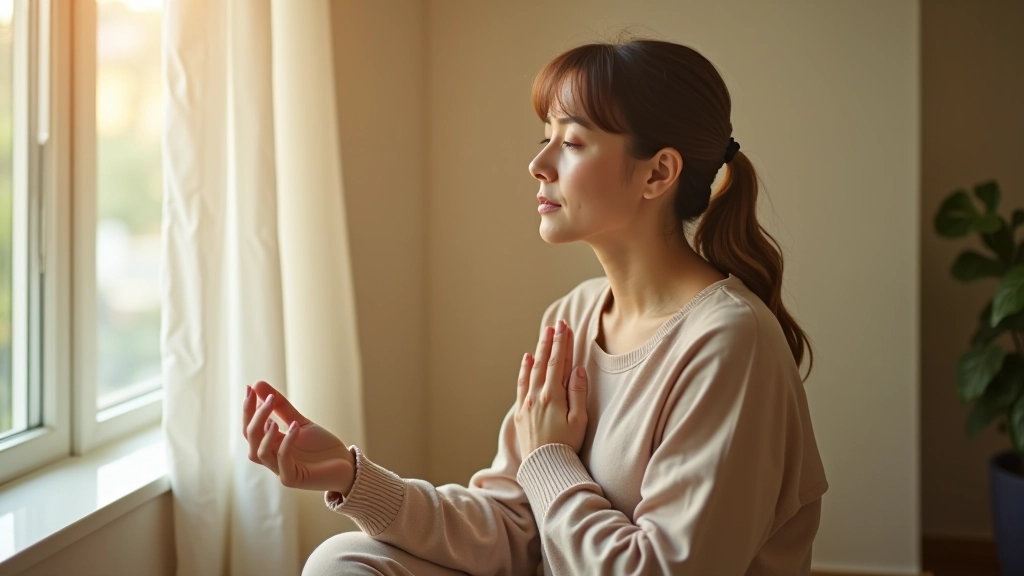 Person practicing breathing exercise in morning light near window, sitting comfortably with natural sunlight illuminating the space
